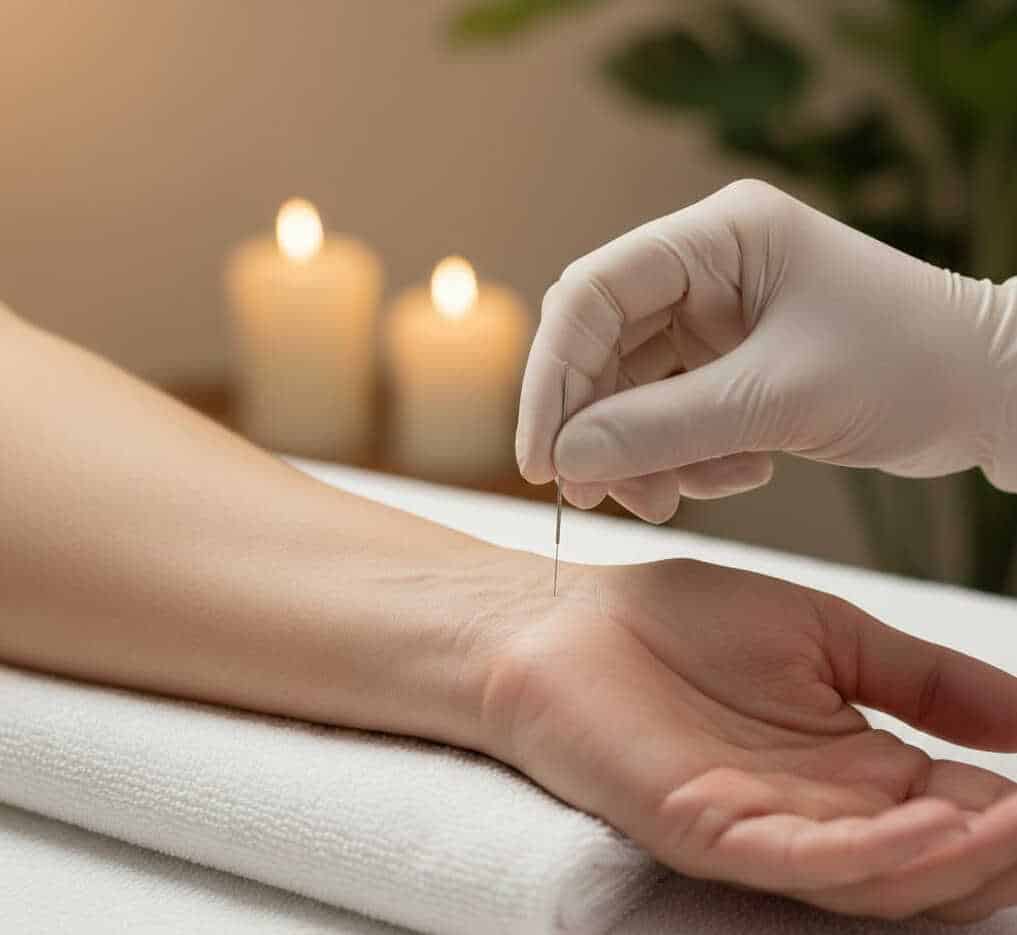 Puncture précise du point Coeur 7 (Shen Men) au poignet, entre l'os pisiforme et le tendon ulnaire, par un acupuncteur.