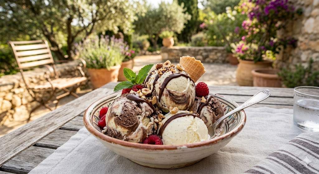 Una copa de helado en una terraza — el reflejo del frío alimentario que ralentiza la digestión estival